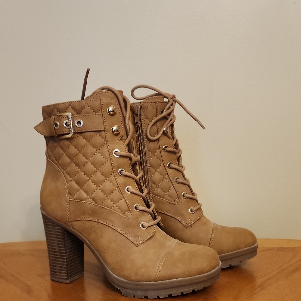 G by Guess Tan Lace Up Quilted Boots